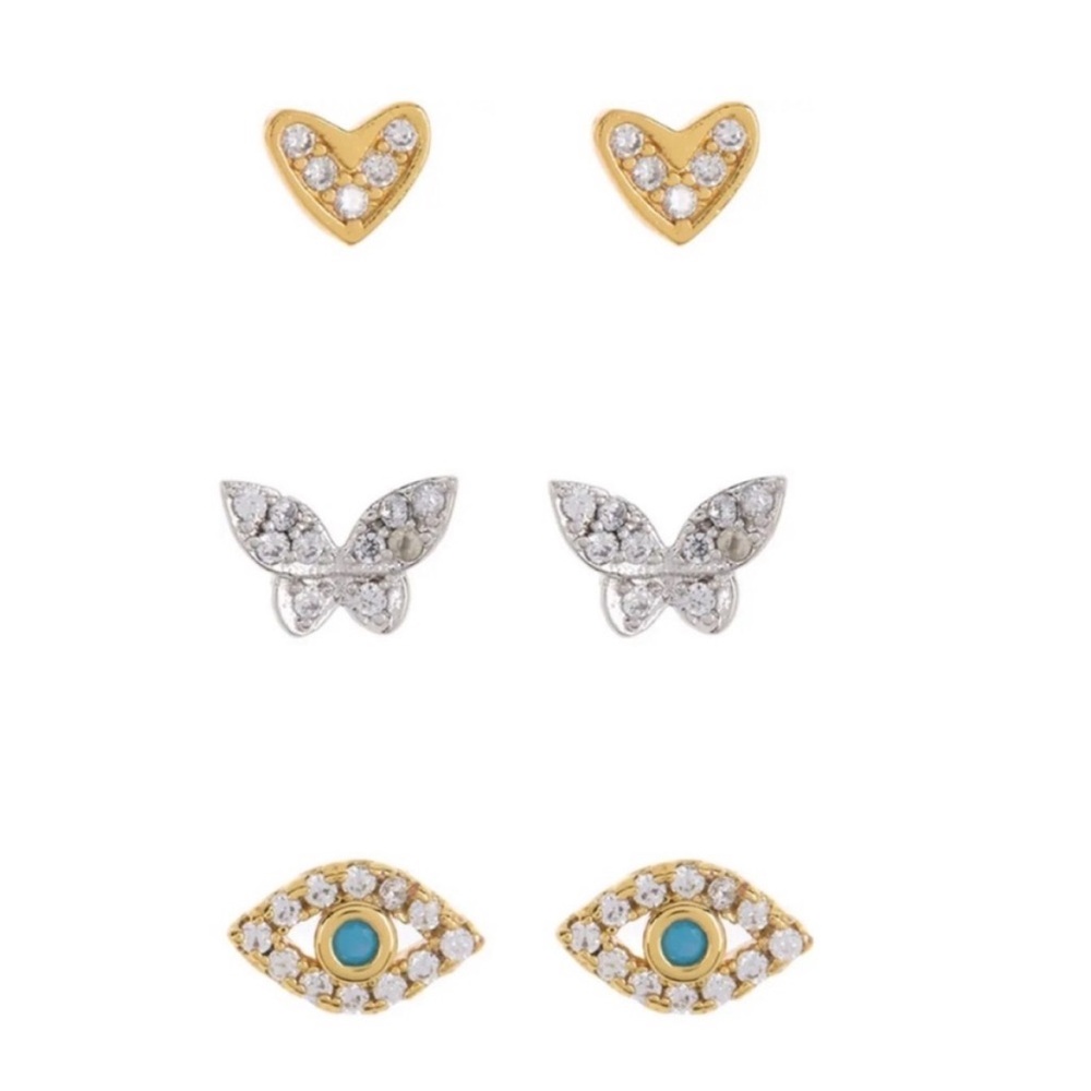 NWT Adornia 14k Heart, Evil Eye & Butterfly Stud Earrings Set